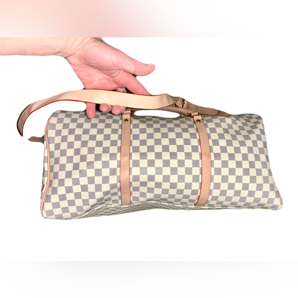 Checkered Designer Tote Fashion Bag weekender Boston Cream and Blue LV